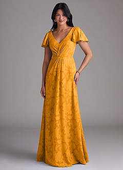 Azazie Soren Brautjungfernkleider A-Linie Plissee Blumen-Burnout Kleid Butterscotch image4