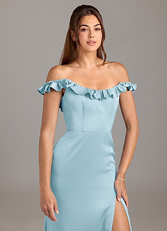 Azazie Callie Vestidos de damas de honor Vestido de Azul Cielo de Satén Elástico de Corte en A Convertible con Volante image8