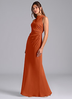 Azazie Evadne Bridesmaid Dresses Burnt Orange A-Line Pleated Chiffon Dress image1