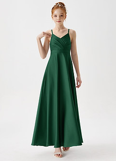 Azazie Avelina Junior Dark Green A-Line Pleated Stretch Satin Dress image4