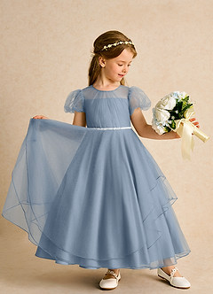 Azazie Duckie Abiti da Ragazza di Fiori Abito Principessa in Tulle Plissettato Blu Polveroso image3