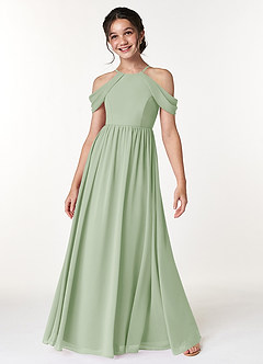 Azazie Seneca Junior Abito A-Line in Chiffon a Spalla Scoperta Verde Salvia image3