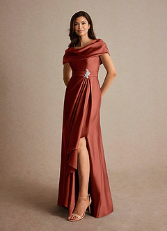 Azazie Branford Mère de la mariée Robes Robe Trapèze en Satin extensible Plissée Terracotta image8