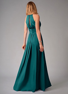 Azazie Bonnie Robes de demoiselle d'honneur Robe Trapèze en Satin extensible Plissée Paon image2