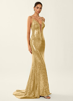Astraea Chartreuse Sparkly V-neck Open Back Mermaid Prom Dress image4
