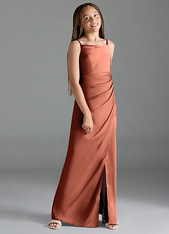 Azazie Leonis Junior Robe Trapèze en Satin extensible Plissée Argile image3