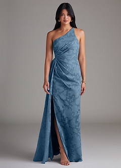 Azazie Mika Bridesmaid Dresses Steel Blue Sheath One Shoulder Floral Burnout Dress image1