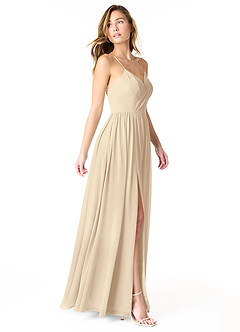 Azazie Cora Robes de demoiselle d'honneur Robe Trapèze en Mousseline de soie Plissée Champagne image4