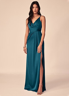 Azazie Aqua Bridesmaid Dresses Ink Blue A-Line V-Neck Pleated Stretch Satin Dress image1