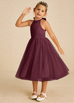 Azazie Dora Flower Girl Dresses Cabernet A-Line Bow Tulle Dress image2