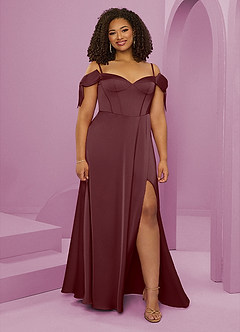Barbie ♥ Azazie Bridesmaid Dresses Sangria A-Line Off the Shoulder Stretch Satin Dress image8