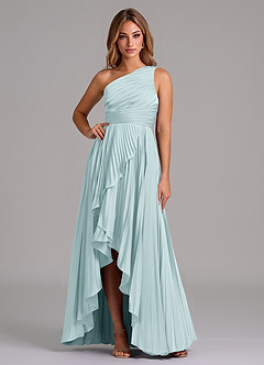 Azazie Lyrica Robes de demoiselle d'honneur Robe Trapèze en Satin extensible Une épaule Brume image1