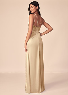 Azazie Aqua Bridesmaid Dresses Champagne A-Line V-Neck Pleated Stretch Satin Dress image3