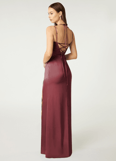 Azazie Desi Bridesmaid Dresses Merlot Sheath Halter Corset Stretch Satin Dress image5