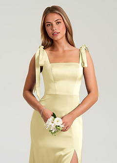 Azazie Frostine Bridesmaid Dresses Lemon Sorbet A-Line Bow Stretch Satin Dress image7