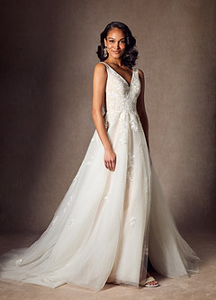 Azazie Joie Abiti da Sposa Abito A-Line in Tulle con Scollo a V e Paillettes Diamante Bianco Nudo image5