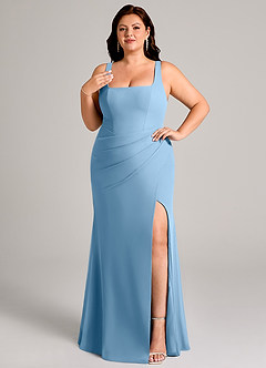 Azazie Mero Jurken voor bruidsmeisjes Jurk van Chiffon met Kolom Geplooid Staal Blauw image11