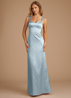 Azazie Denice Bridesmaid Dresses Blue Floral Jacquard Sheath Pleated Floral Jacquard Dress image1