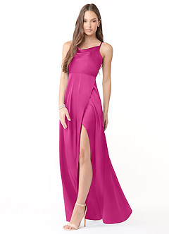 Azazie Naomie Vestidos de damas de honor Vestido de Fucsia de Satén Elástico de Corte en A con Cuello V con abertura lateral image4