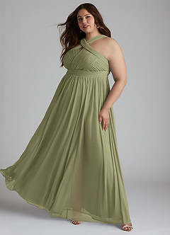 Azazie Hillian Abiti da Damigella Abito A-Line in Maglia con Scollo Halter a Pieghe Pistacchio image11