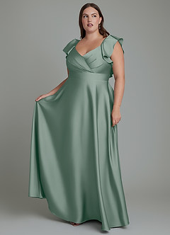 Azazie Leilani Robes de demoiselle d'honneur Robe Trapèze en Satin extensible Drapé Sauge D'argent image10