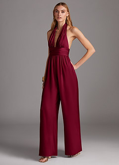 Azazie Oli Bridesmaid Dresses Burgundy Pleated Stretch Satin Jumpsuit image1