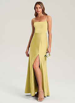 Azazie Lidia Bridesmaid Dresses Canary Mermaid Side Slit Stretch Satin Dress image3