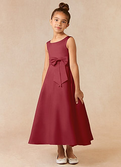 Azazie Lindy Flower Girl Dresses Pomegranate A-Line Pleated Matte Satin Dress image3