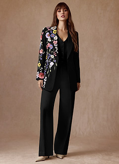 front Elodie Negro Traje de pantalón de 3 piezas con estampado floral y tejido refinado