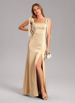 Azazie Frostine Bridesmaid Dresses Champagne A-Line Bow Stretch Satin Dress image1