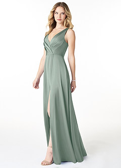 Azazie Nelly Robes à essayer chez vous Robe Trapèze en Satin extensible Col en V Plissé Agave image3
