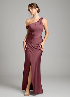 Azazie Madelyn Robes de demoiselle d'honneur Robe Sirène Convertible en Satin extensible Asymétrique Rose Du Désert image1