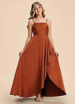 Azazie Naveah Junior Cinnamon A-Line Ruched Stretch Satin Dress image7