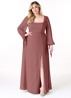 Azazie Leonia Robes de demoiselle d'honneur Robe Trapèze en Mousseline de soie Manche longue Rose Du Désert image8