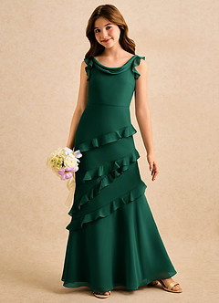 Azazie Aria Girls Formal vestidos de niña de las flores Vestido de Esmeralda de Gasa de Corte Sirena con Volante image3