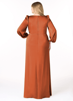 Azazie Mel Bridesmaid Dresses Cinnamon Sheath Long Sleeve Stretch Satin Dress image2