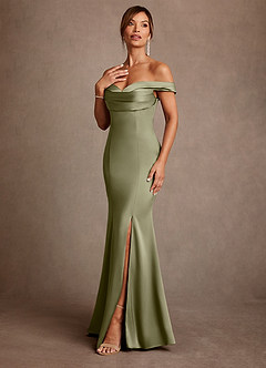 Azazie Boone Mother of the Bride Dresses Pistachio Mermaid Off the Shoulder Stretch Satin Dress image4
