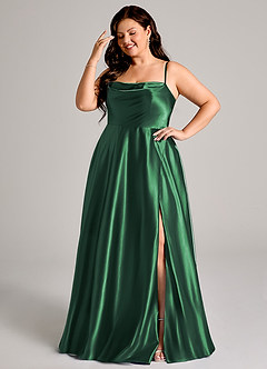 Azazie Elle Bridesmaid Dresses Dark Green A-Line with Pockets Metallic Satin Dress image4