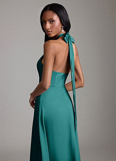 Azazie Tracie Bridesmaid Dresses Peacock A-Line Side Slit Stretch Satin Dress image6