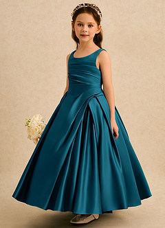 Azazie Audrey Flower Girl Dresses Ink Blue A-Line Pleated Matte Satin Dress image3