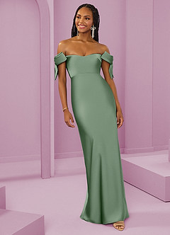 Barbie ♥ Azazie Jurken voor bruidsmeisjes Converteerbaar Jurk van Stretch Satijn met Kolom Off the Shoulder Matcha image4