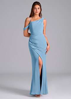 Azazie Madelyn Jurken voor bruidsmeisjes Converteerbaar Jurk van Chiffon met Zeemeermin Off the Shoulder Staal Blauw image3