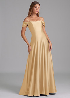 Azazie Seriana 신부 들러리 드레스 A라인 오프 더 숄더 스트레치 새틴 바닥 길이 드레스 image6