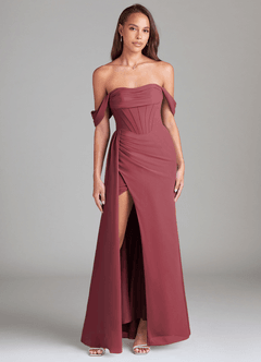 Azazie Amyra Bridesmaid Dresses Merlot Sheath Off the Shoulder Chiffon Convertible Dress image1
