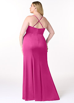 Azazie Marzia Bridesmaid Dresses Fuchsia Sheath Cowl Pleated Stretch Satin Dress image8