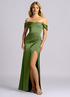 Azazie Auden Robes de demoiselle d'honneur Robe Fourreau Convertible en Satin extensible Épaule décolletée Genévrier image1