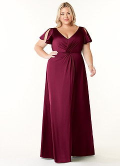 Azazie Soren Bridesmaid Dresses Burgundy A-Line Pleated Stretch Satin Dress image1