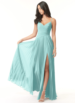 Azazie Vini Bridesmaid Dresses Aqua A-Line V-Neck Pleated Chiffon Dress image1