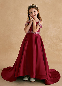 Azazie Jodi Robe Demoiselle D'honneur Fillette Robe Trapèze en Mat Satiné Bourgogne image5