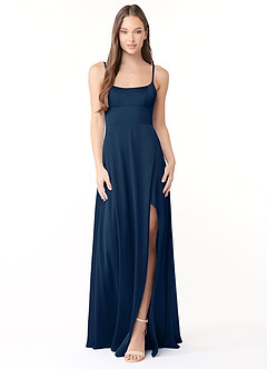 Azazie Halsey Bridesmaid Dresses Dark Navy Sheath Side Slit Stretch Satin Dress image1